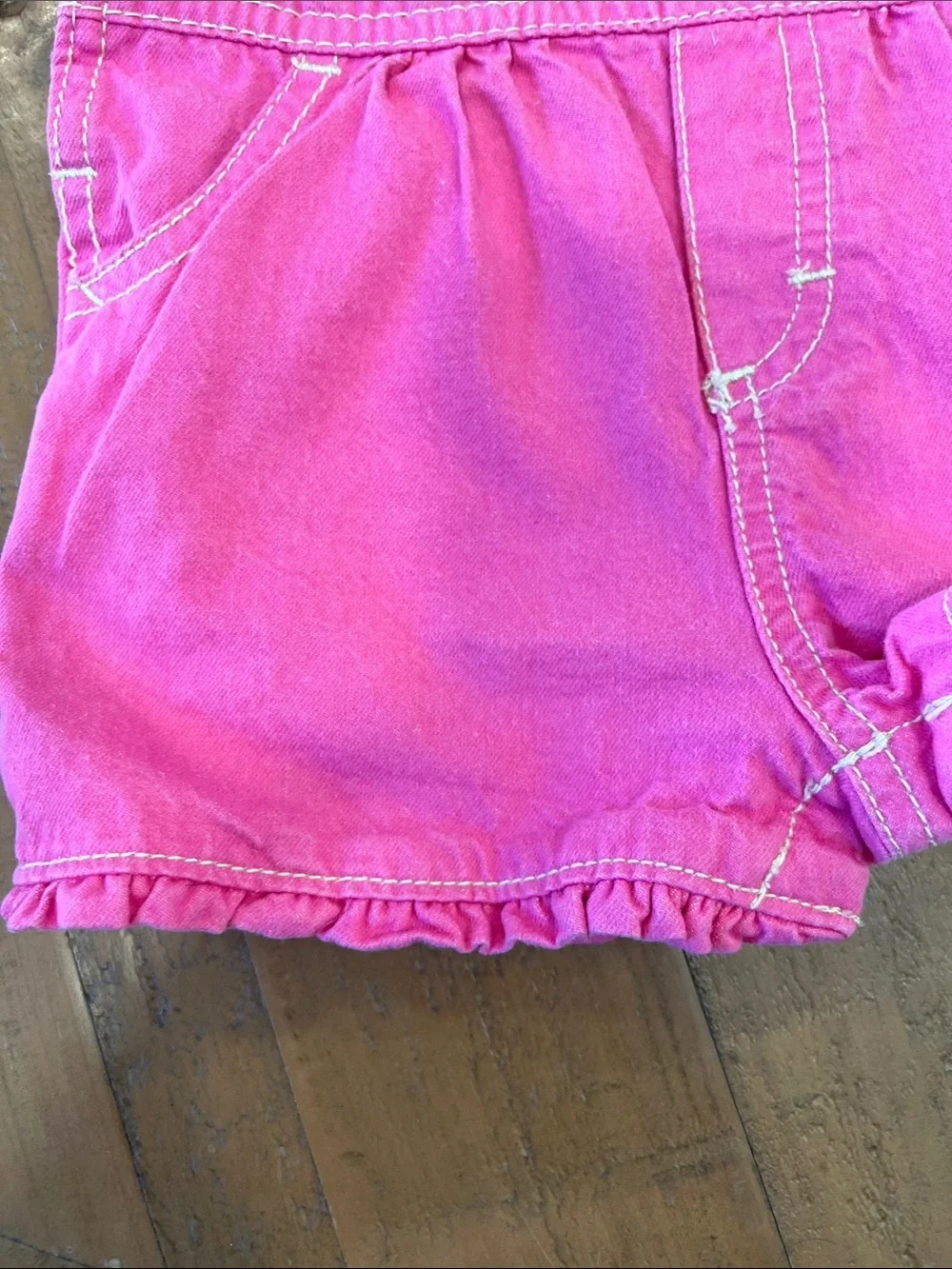Oshkosh Y2K retro pink denim short overalls 18 months flower embroidered ruffles